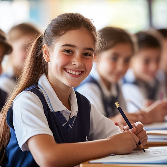 Happy girl student studying with book