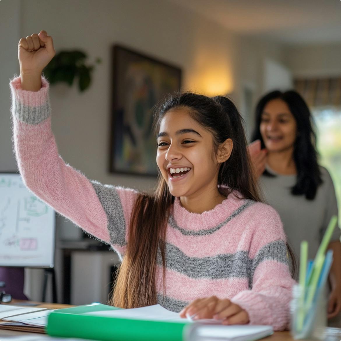 Happy girl with hand raised to answer question