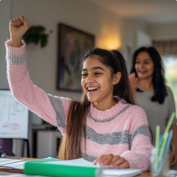 Happy girl with hand raised to answer question