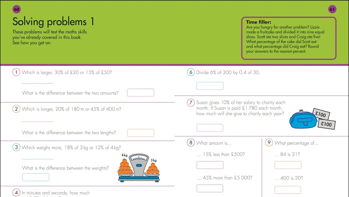 Sample problem-solving page showing decimal percentage and comparison questions with illustrations