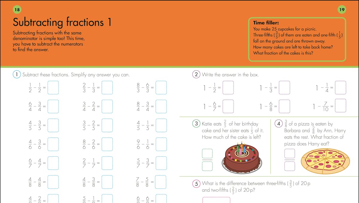 Sample pages showing subtracting fractions exercises with colourful word problems and illustrations