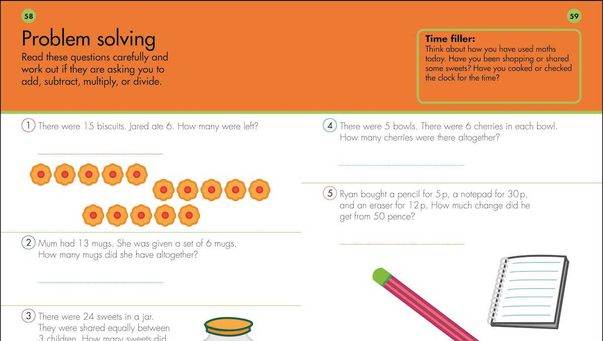 Problem-solving activity page showing visual word problems with biscuits, mugs, sweets, and money calculations