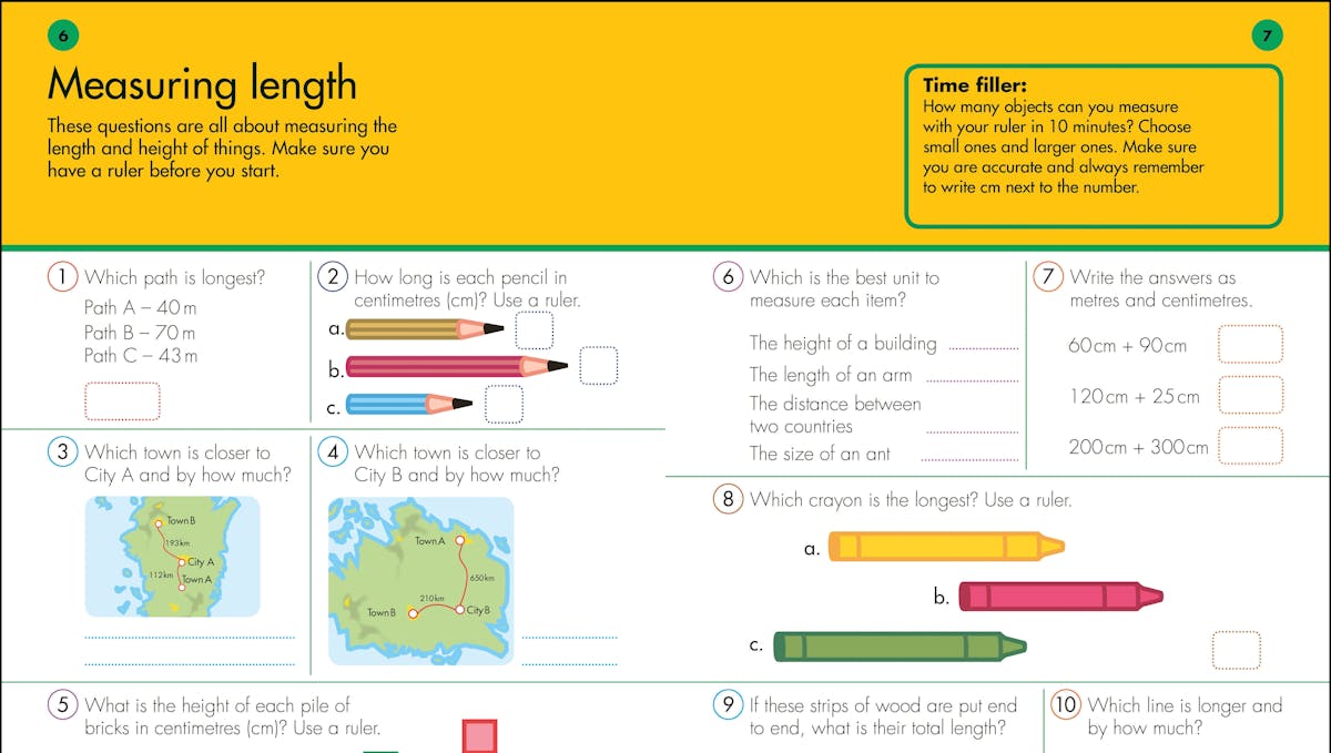 Sample workbook page showing measuring length problems with coloured pencils, maps and rulers