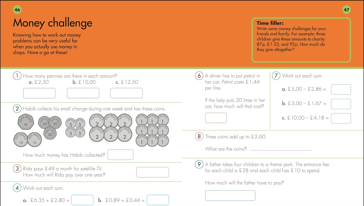Money challenge exercise page showing real-world problems and time-filler activities