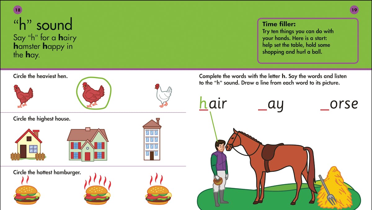 Sample phonics activities showing h sound practice with colourful illustrations