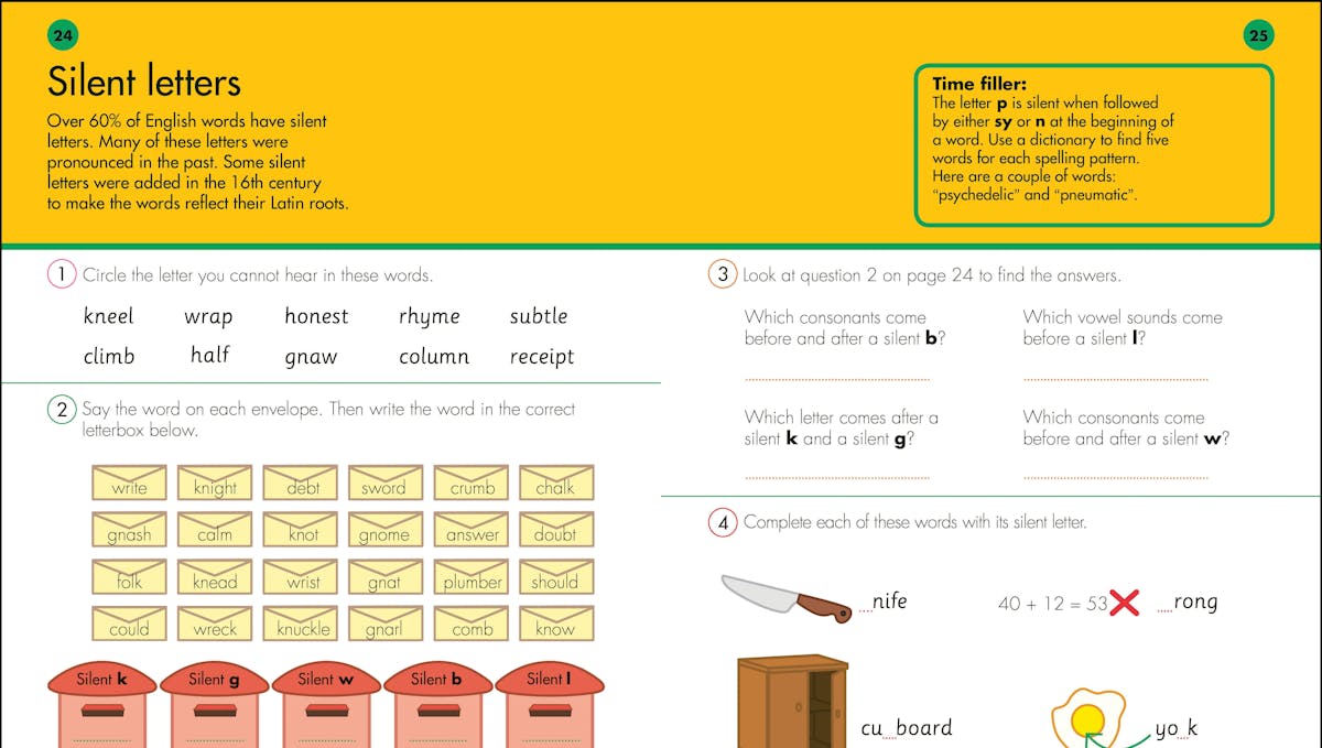 Inside pages showing silent letters exercises with illustrations and answer key