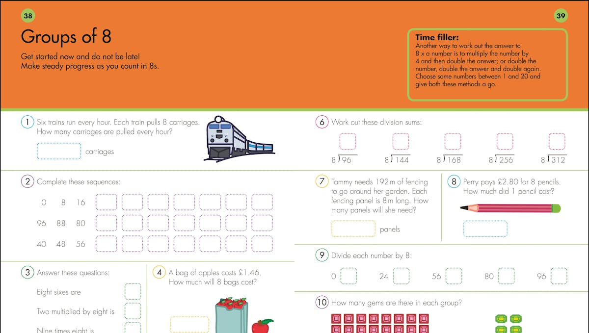 Sample workbook pages showing groups of 8 exercises with train illustrations and real-life word problems