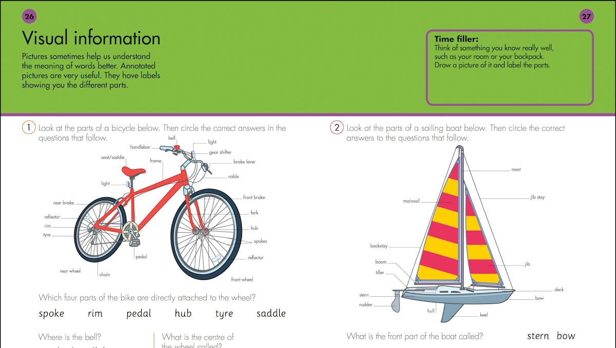 Sample vocabulary exercise page showing visual information activities