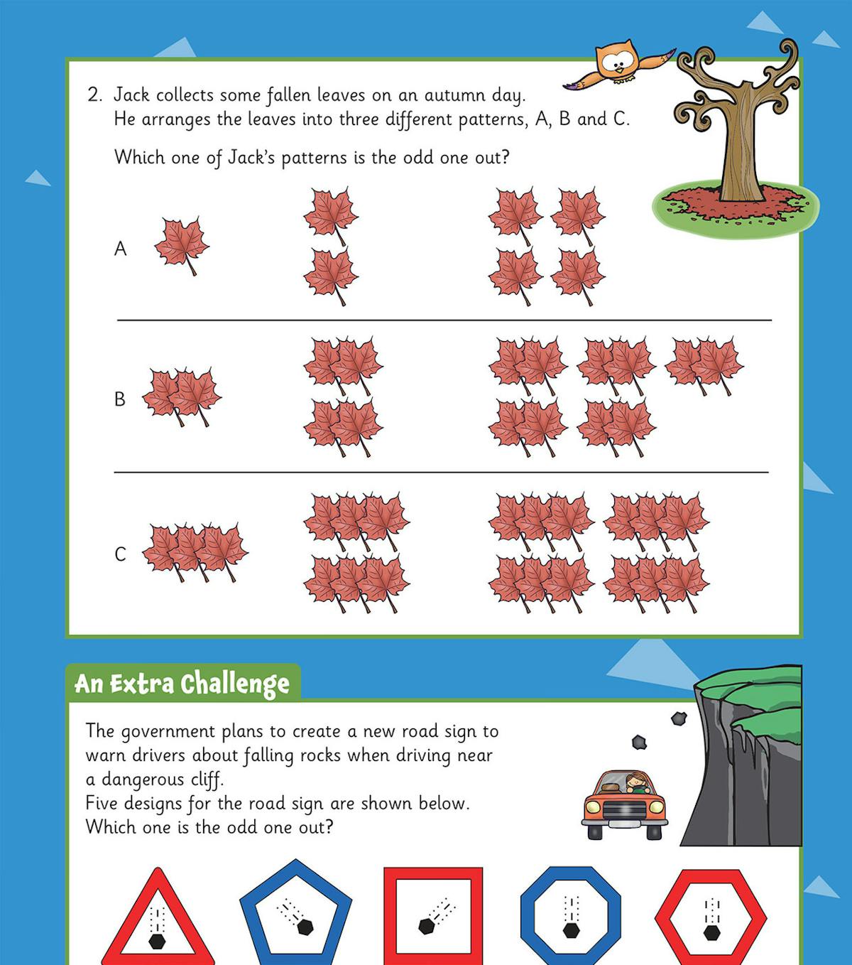 Sample activity page featuring autumn leaves pattern puzzle and road sign odd one out challenge with self-assessment boxes