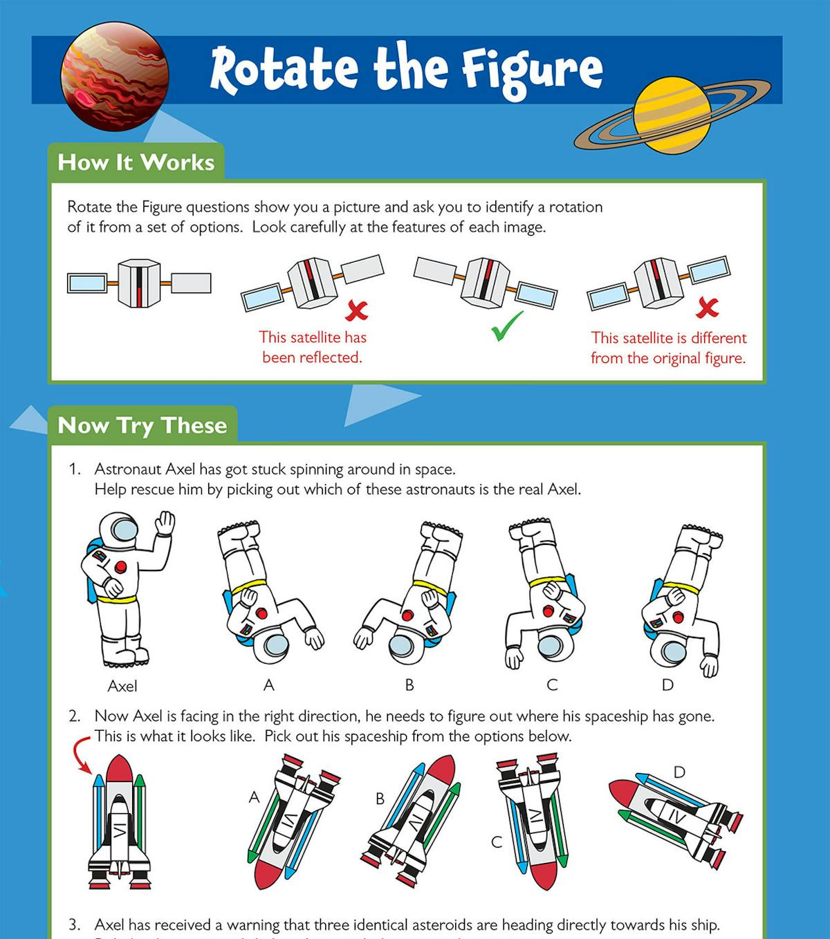 Sample page showing Rotate the Figure exercises with space-themed astronaut and spaceship puzzles