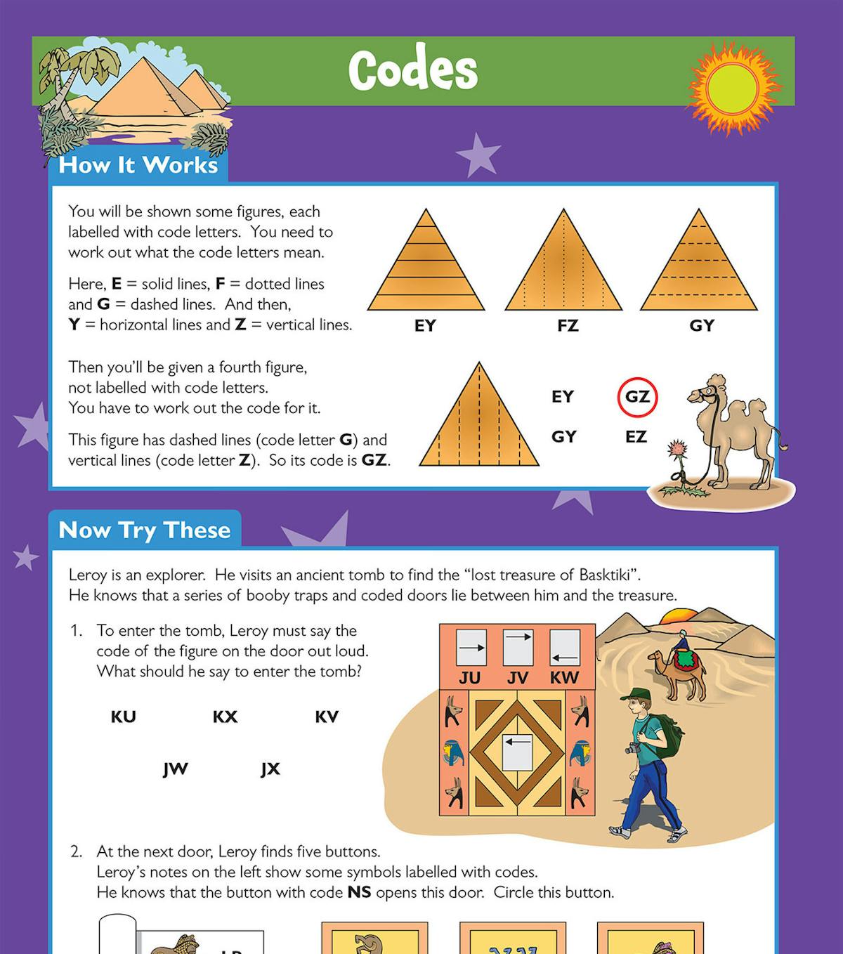 Sample page demonstrating Codes question type with Egyptian tomb adventure theme