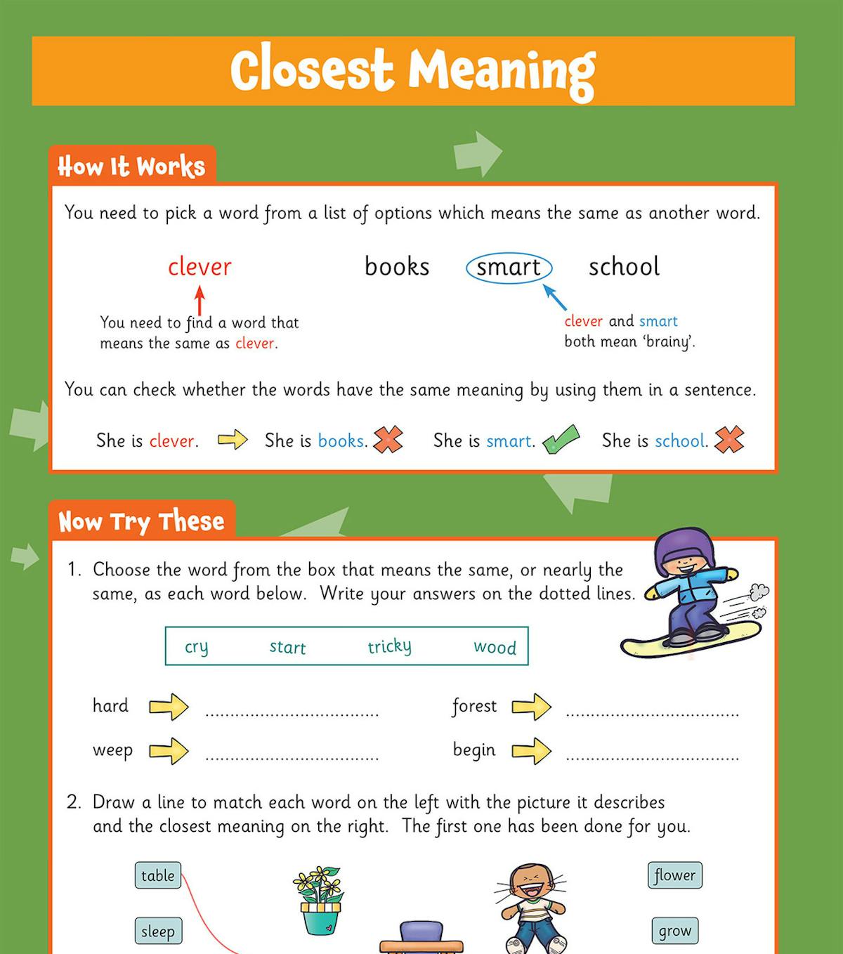 Sample page showing Closest Meaning verbal reasoning exercises with colourful illustrations