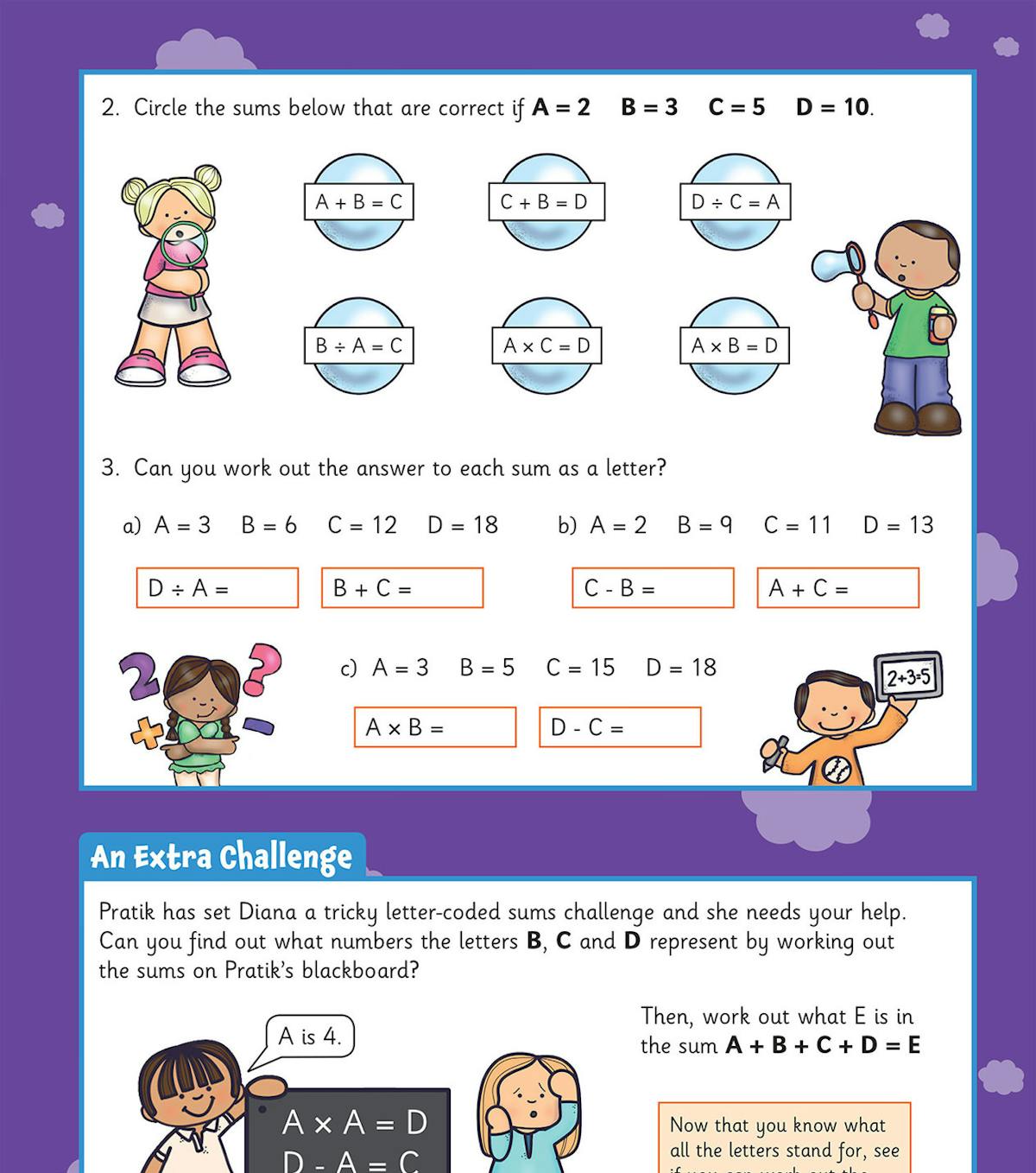 Sample page showing letter-coded sums and an extra challenge section with friendly character illustrations