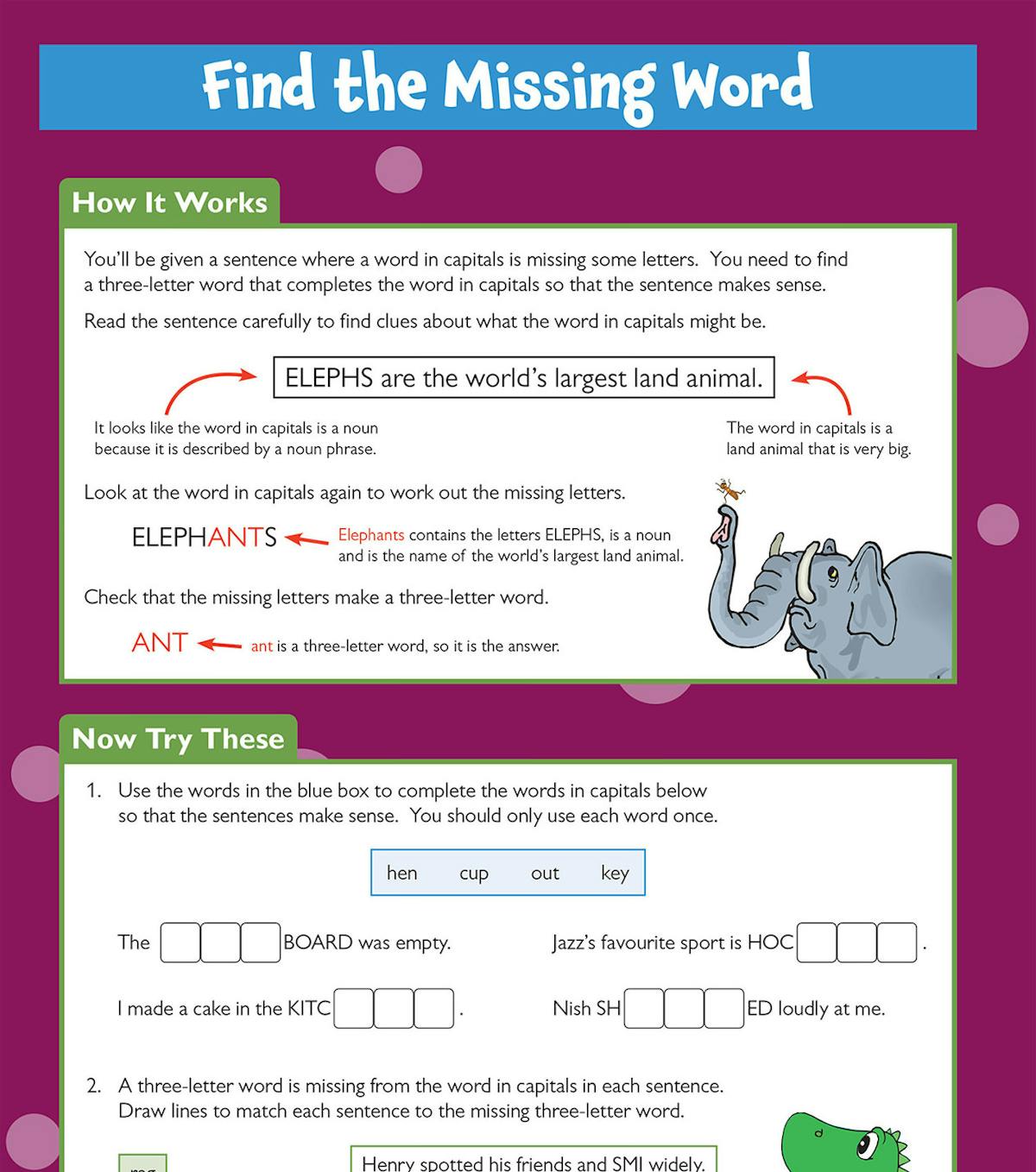 Sample page showing 'Find the Missing Word' verbal reasoning exercises with clear instructions and practice questions