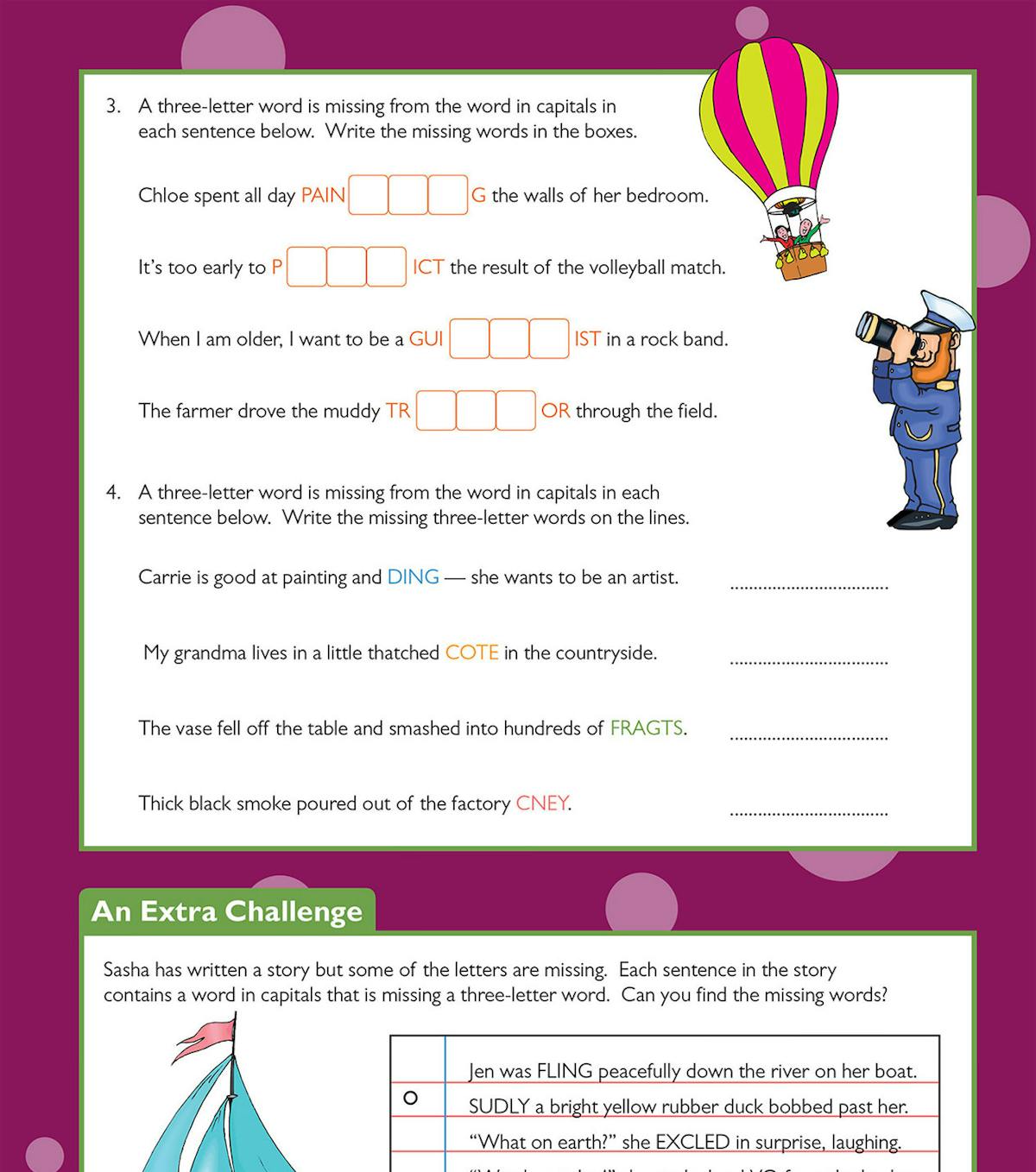 Activity page with colourful 'Find the Missing Word' challenges, including themed story puzzles and smiley-face self-assessment boxes