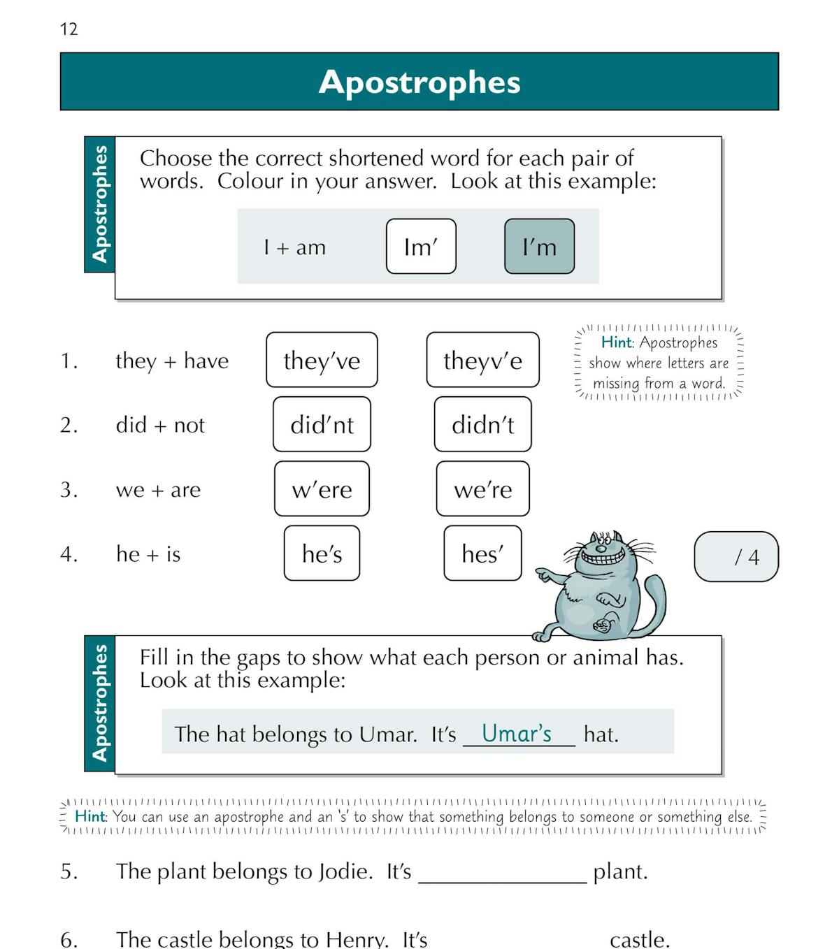 Sample page showing apostrophe exercises with multiple-choice questions and fill-in-the-gap activities