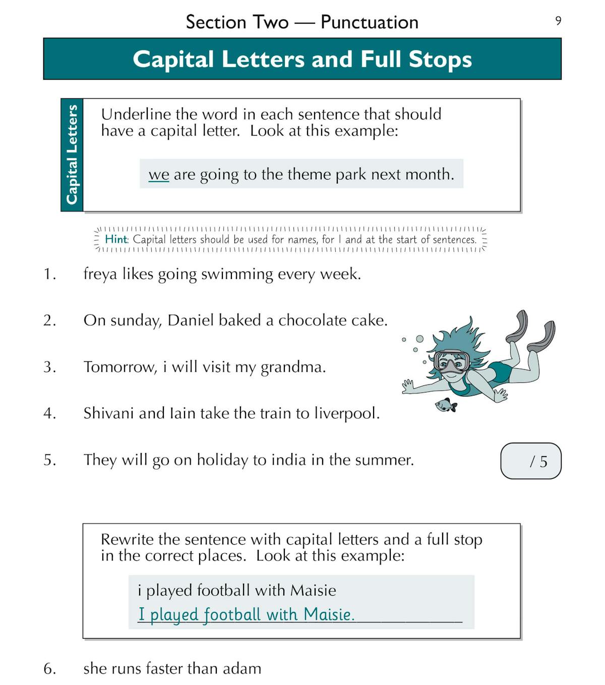 Sample page demonstrating capital letter and full stop exercises with underline and rewrite activities