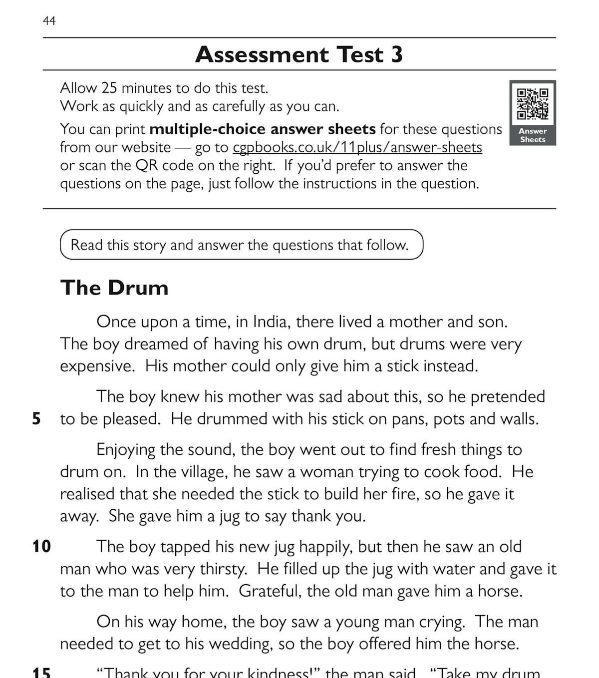 Assessment Test page showing comprehension passage and timed test instructions for ages 6-7