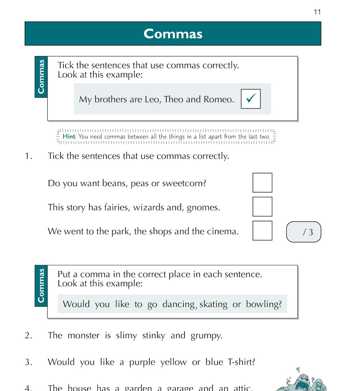 Inside page showing English punctuation practice on comma usage for Year 2 pupils