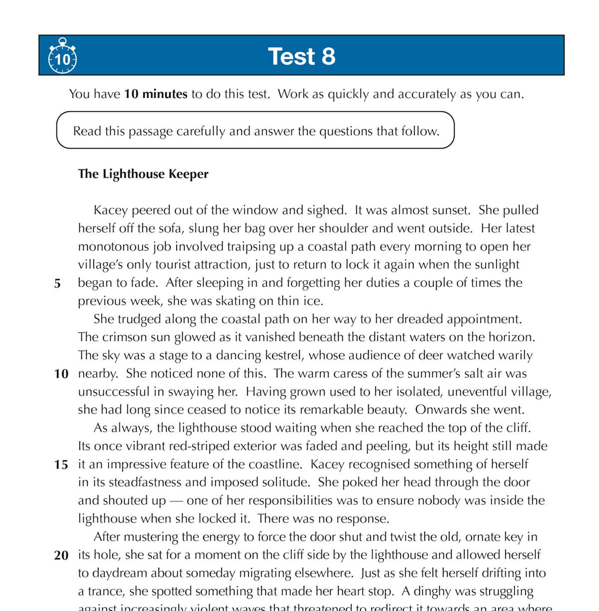 Inside page showing a fiction passage titled The Lighthouse Keeper with comprehension questions