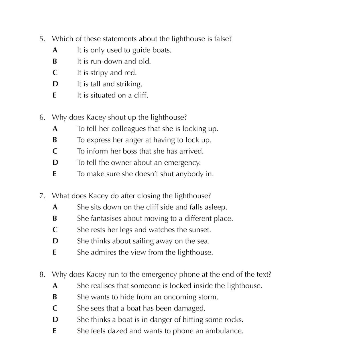 Sample 10-minute test page showing comprehension questions with multiple-choice answers