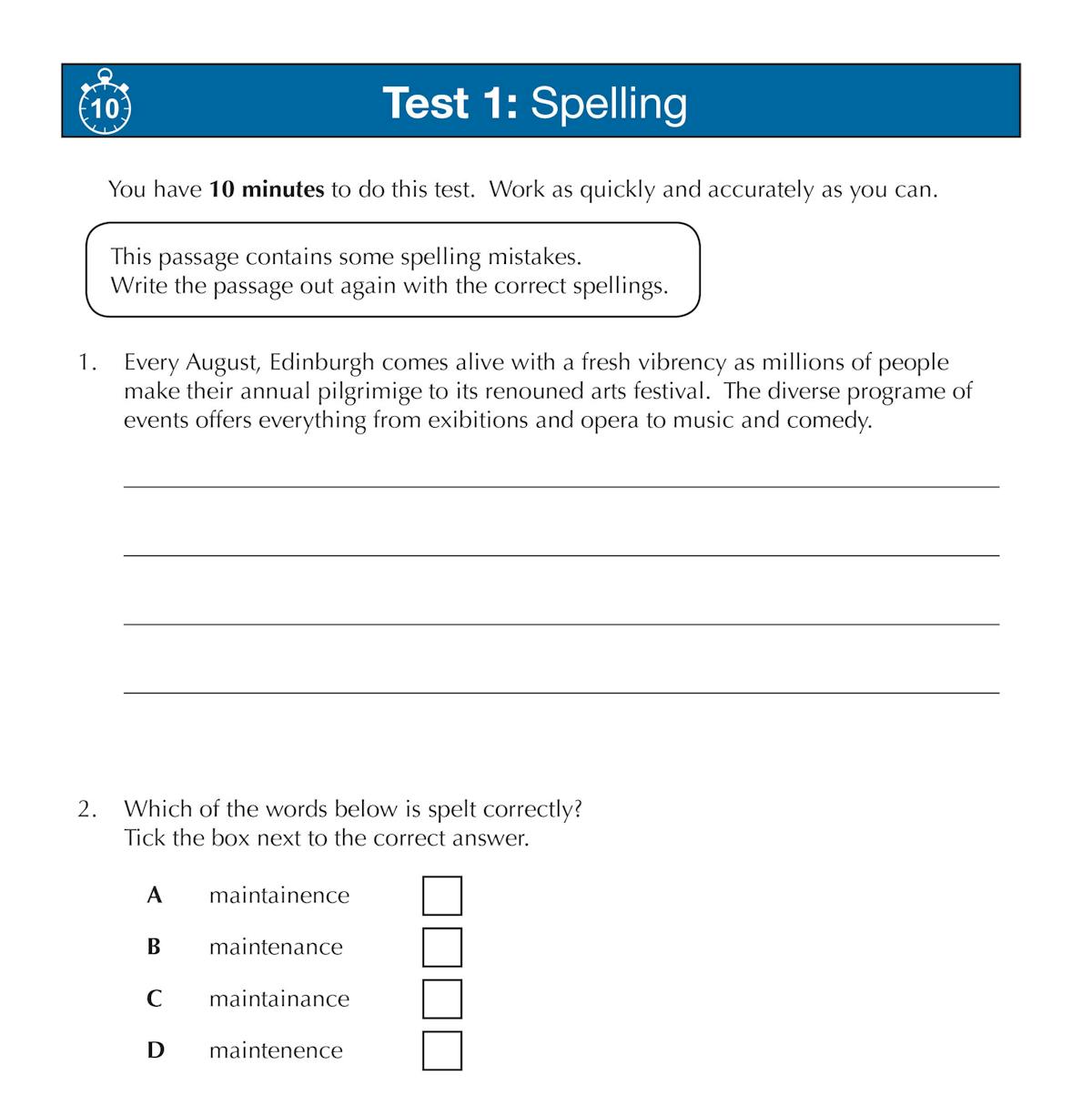 Sample test page showing spelling questions and punctuation exercises