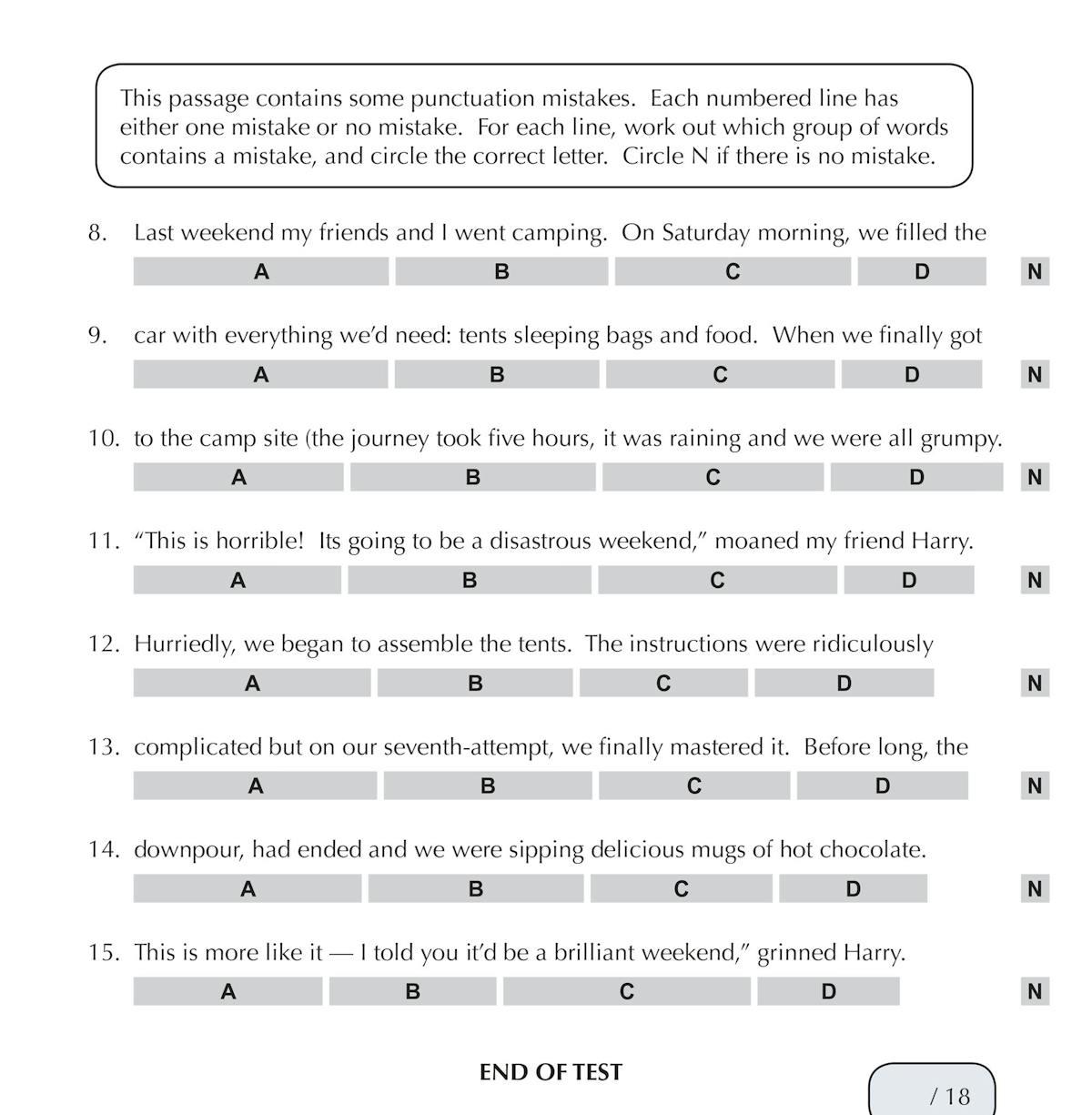Punctuation test page with multiple choice questions