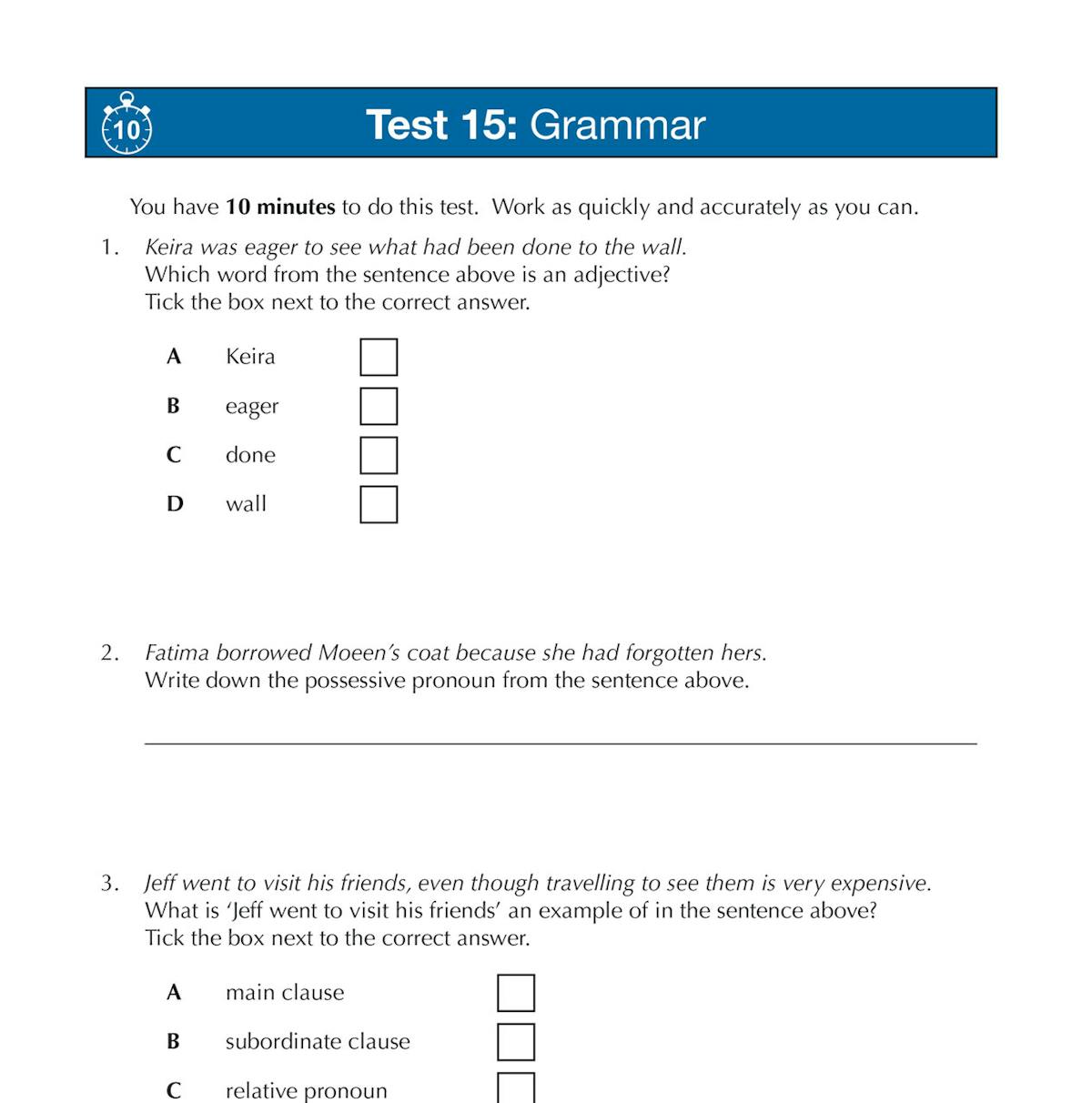 Sample grammar test page showing multiple-choice questions on adjectives, pronouns, and clauses