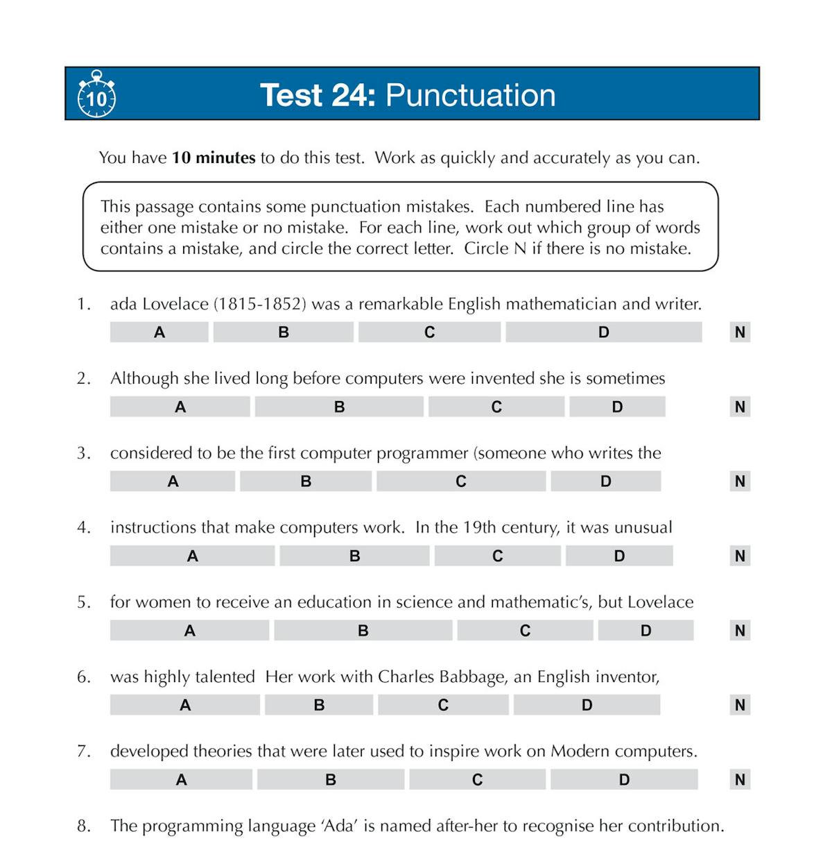 Sample punctuation test page showing passage-based error identification questions