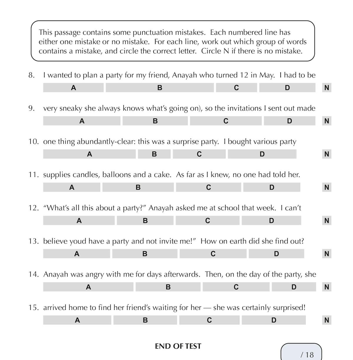 Test page displaying punctuation error identification exercise with multiple-choice format
