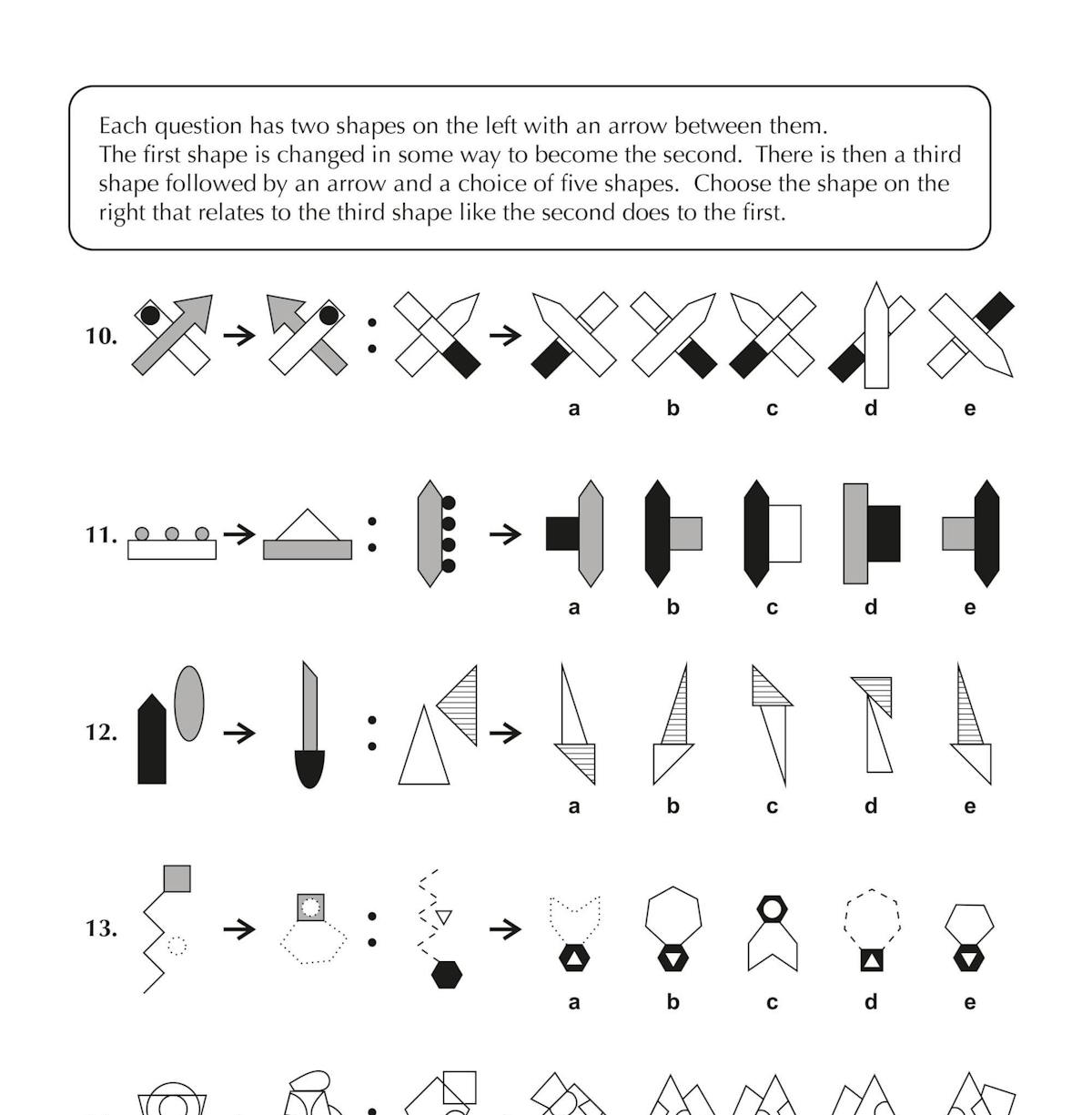 Inside page displaying more complex non-verbal reasoning questions with shape transformations and analogy problems