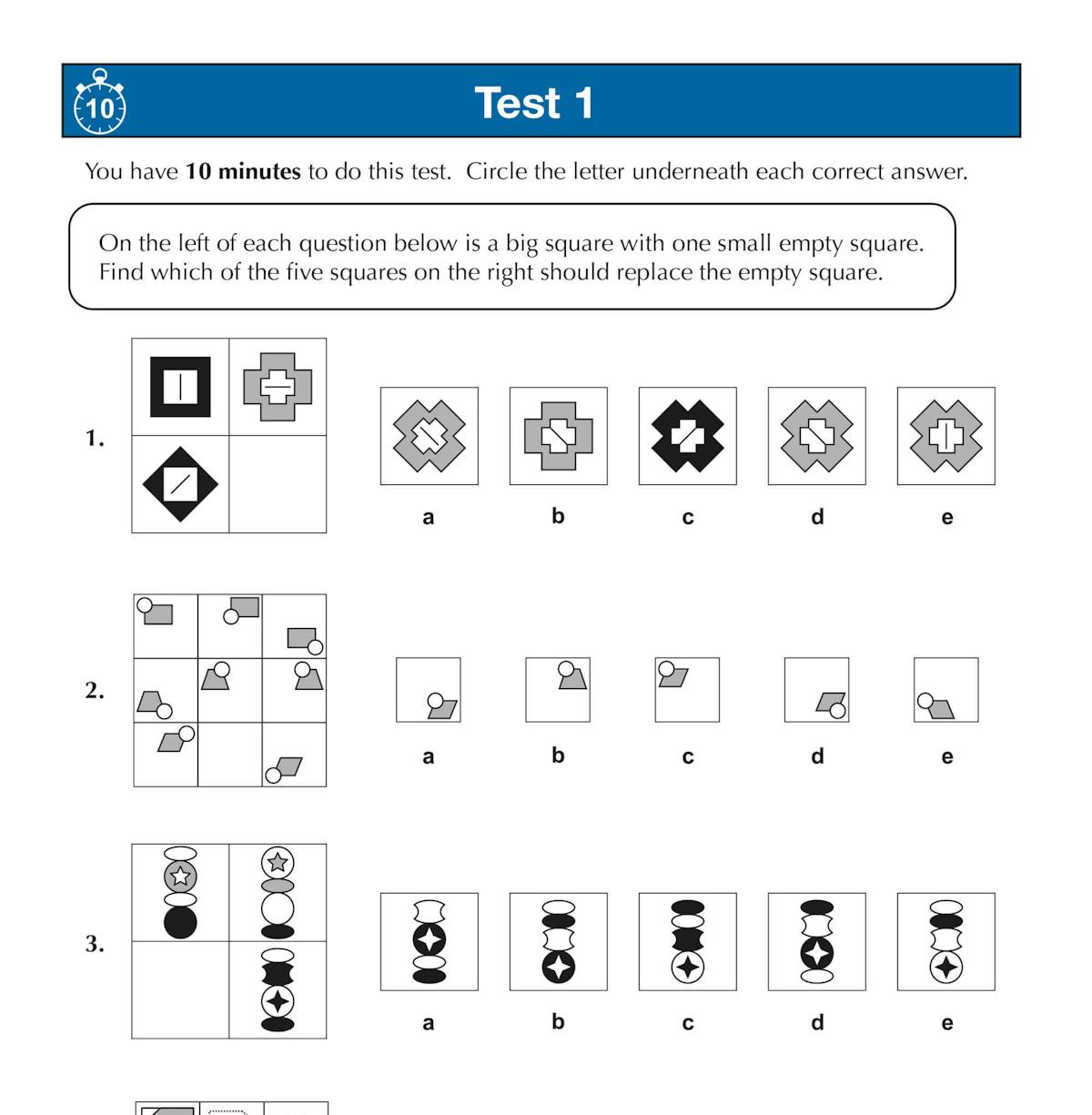 Sample test page showing non-verbal reasoning questions with shapes and multiple-choice answers