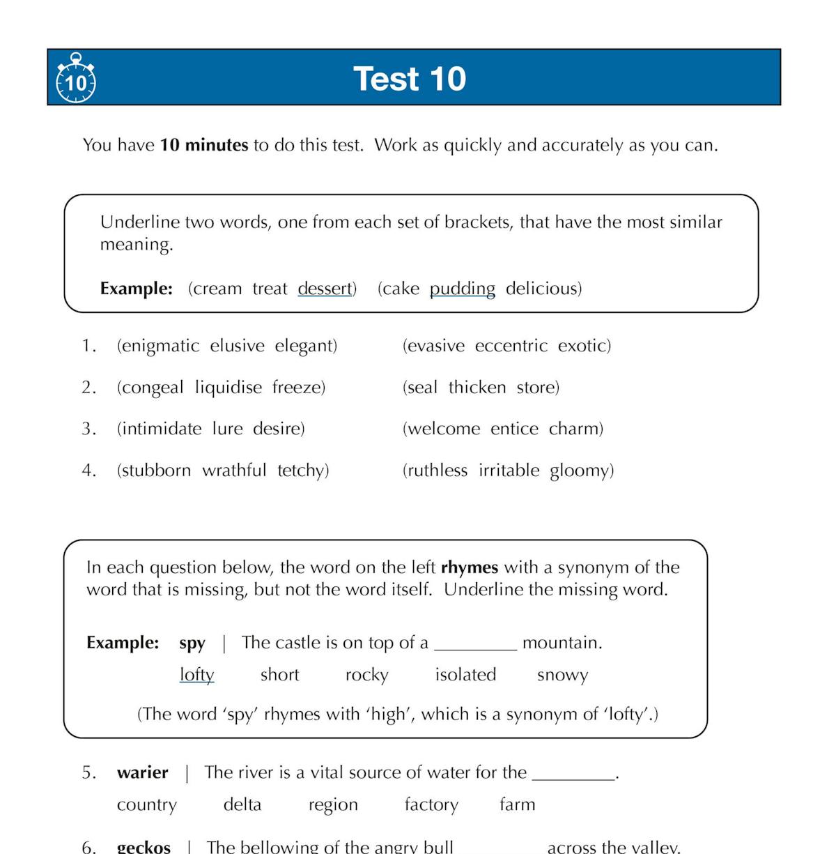Sample test page showing timed verbal reasoning questions with clear instructions