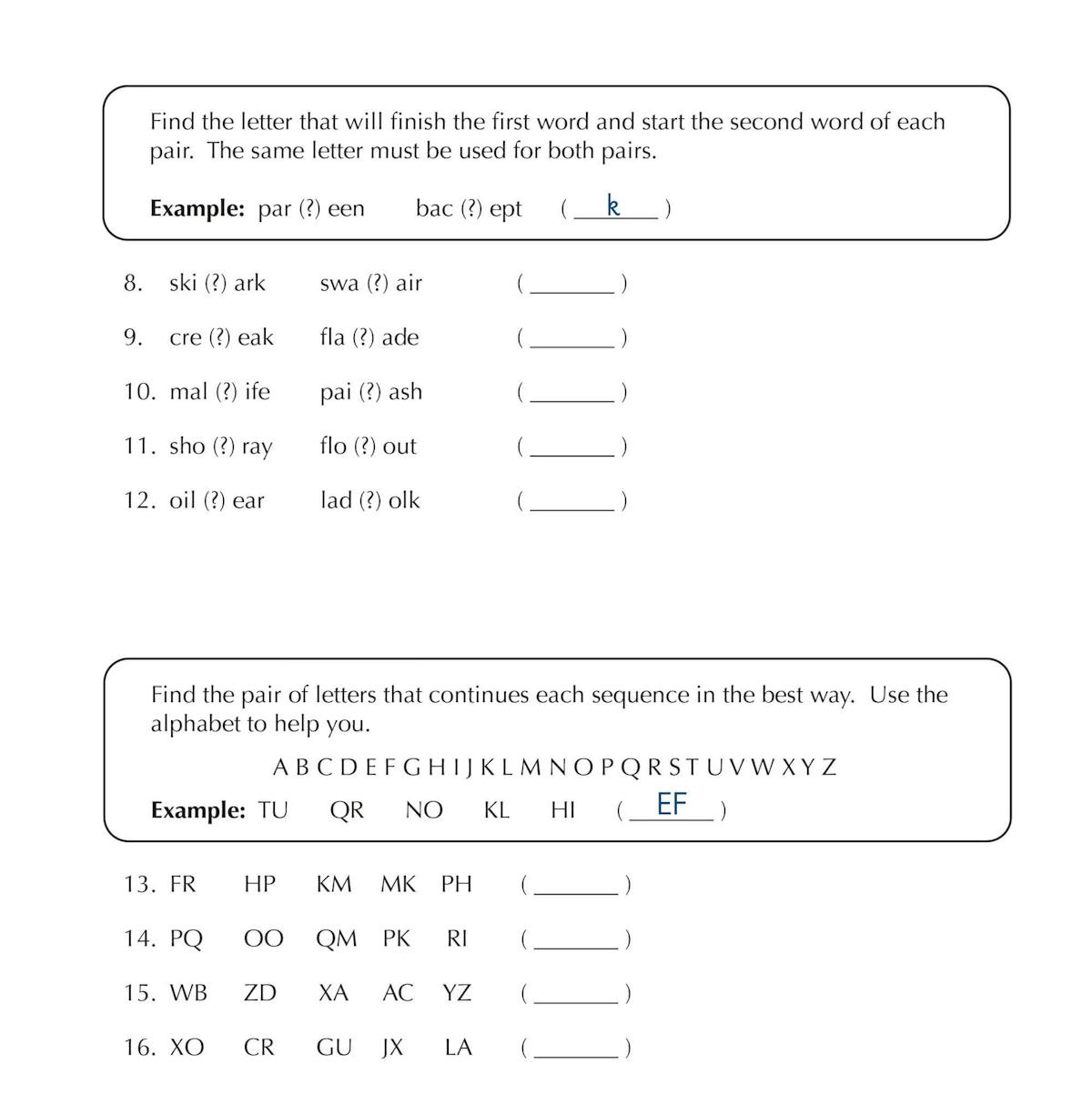 Additional test page demonstrating letter and word sequence questions