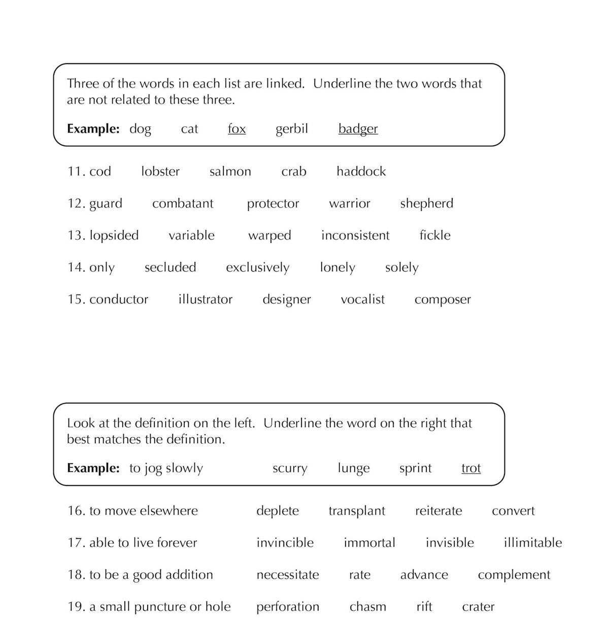Test page displaying synonym and definition matching exercises with multiple-choice format