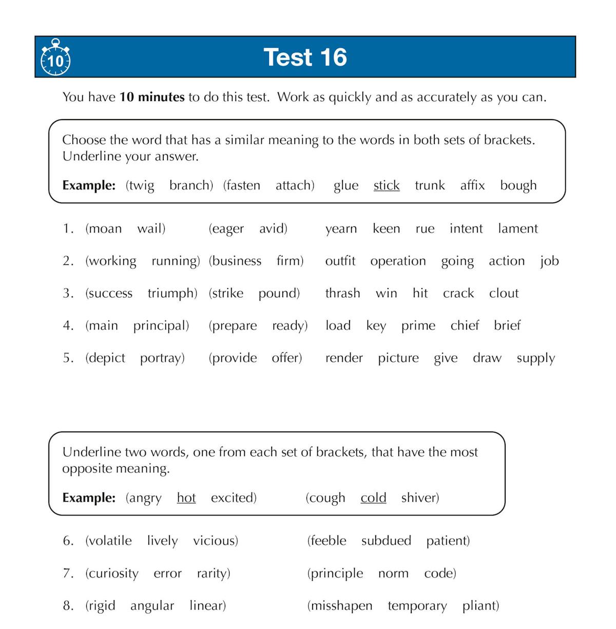 Sample test page showing vocabulary exercises with clear instructions and examples