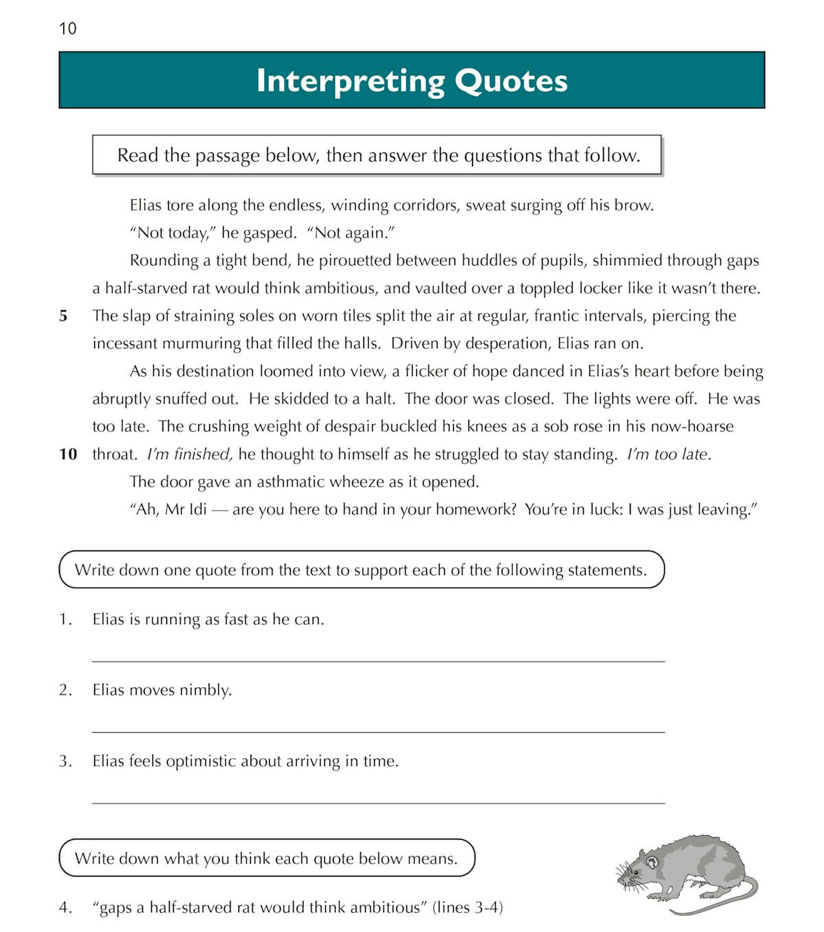 Interpreting quotes exercise with narrative passage and question prompts