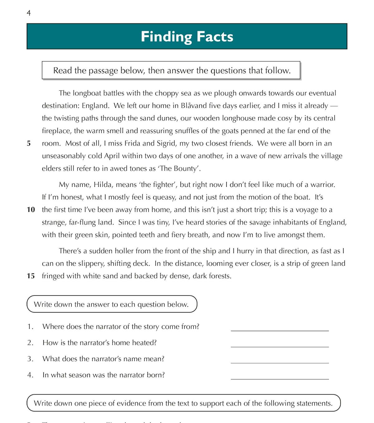 Sample comprehension exercise page showing a Finding Facts task with a prose passage and multiple question types
