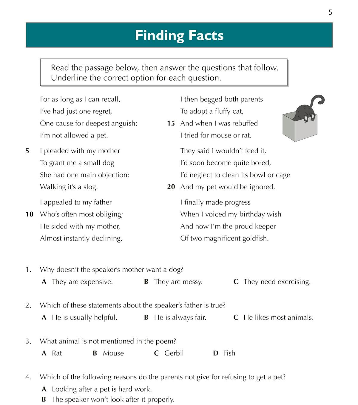 Sample poetry comprehension page with multiple-choice questions and a poem about pets