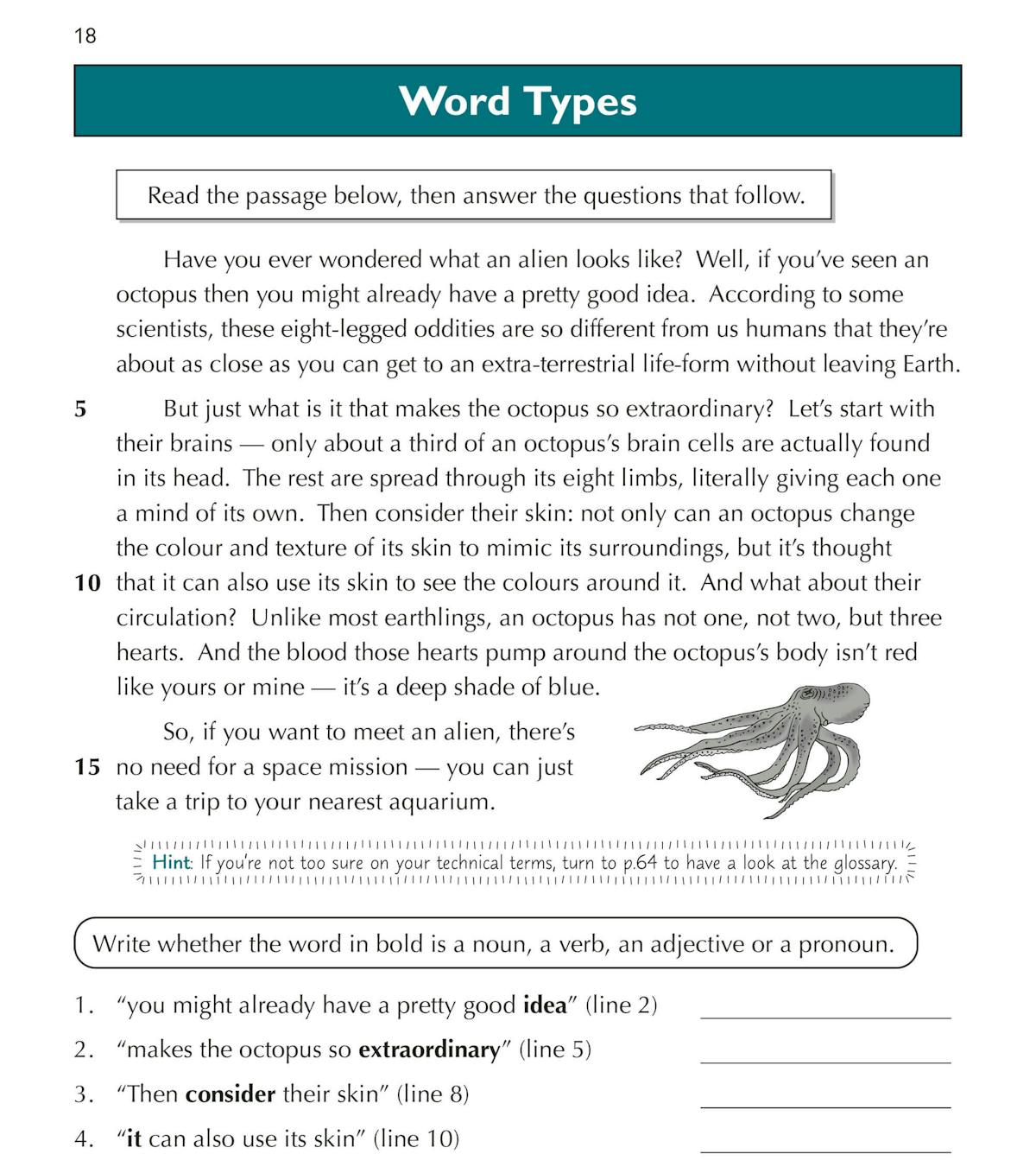 Sample comprehension exercise on word types from the GL English practice book