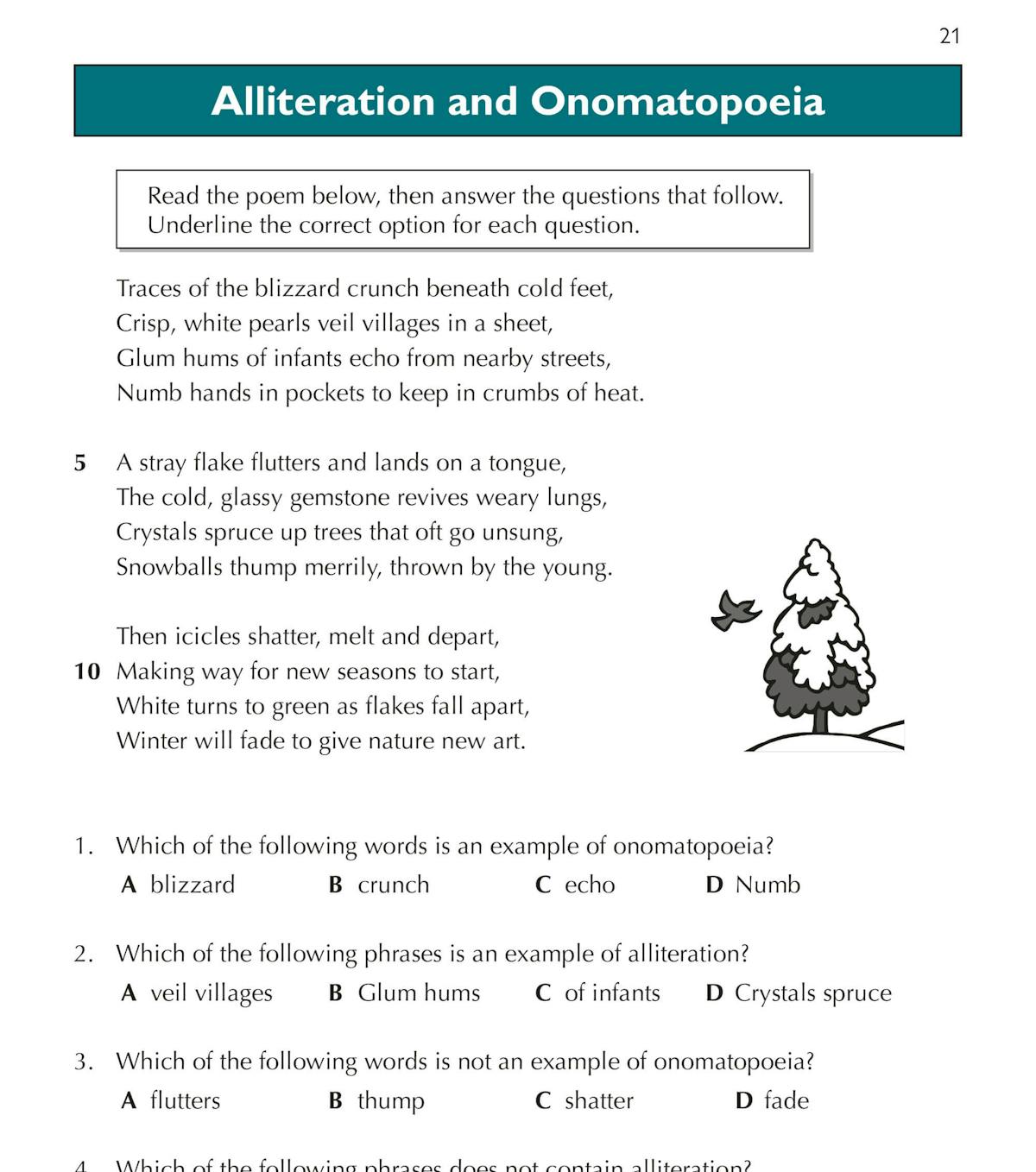 Sample poetry comprehension on alliteration and onomatopoeia with multiple-choice questions