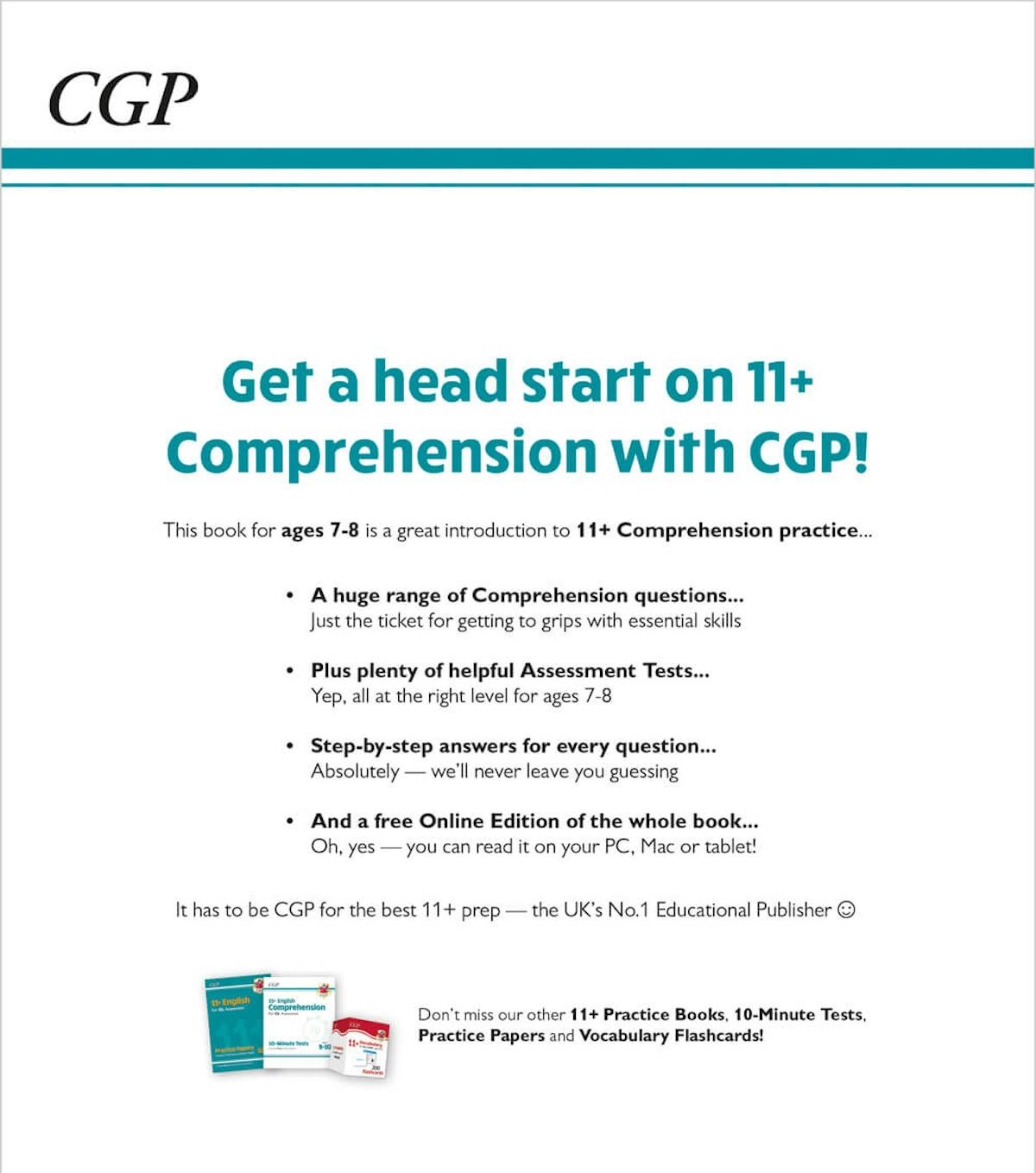 Back cover of CGP 11+ GL English Comprehension book showing key features and sample content