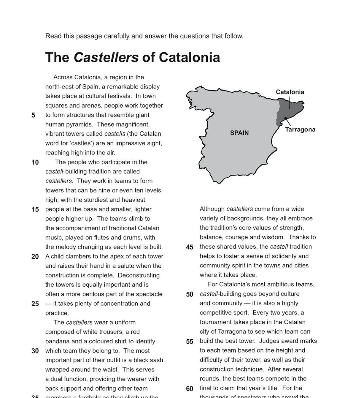 Sample English comprehension passage about Catalonian castell builders with accompanying questions