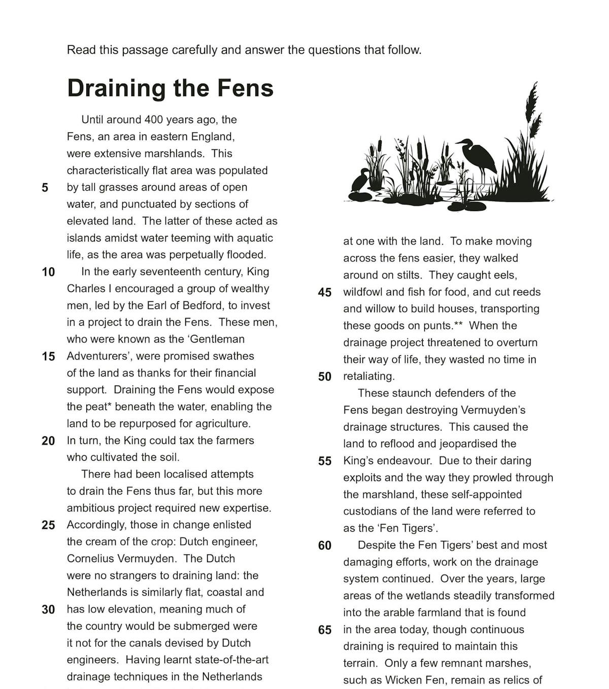 Sample comprehension passage with multiple-choice questions from the practice papers