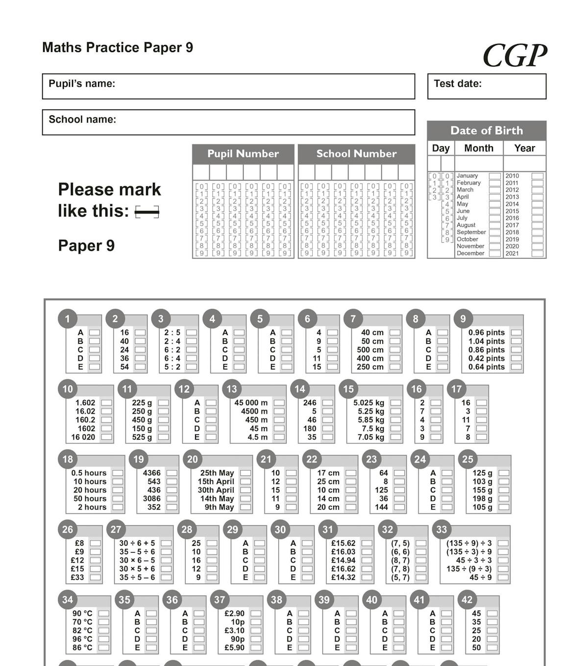 Multiple-choice answer sheet from the 11+ GL Maths Practice Papers Pack 3