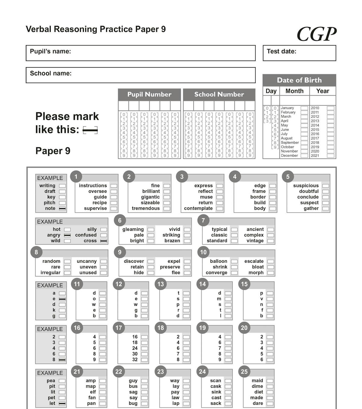 Multiple-choice answer sheet with numbered bubble grids and pupil details section