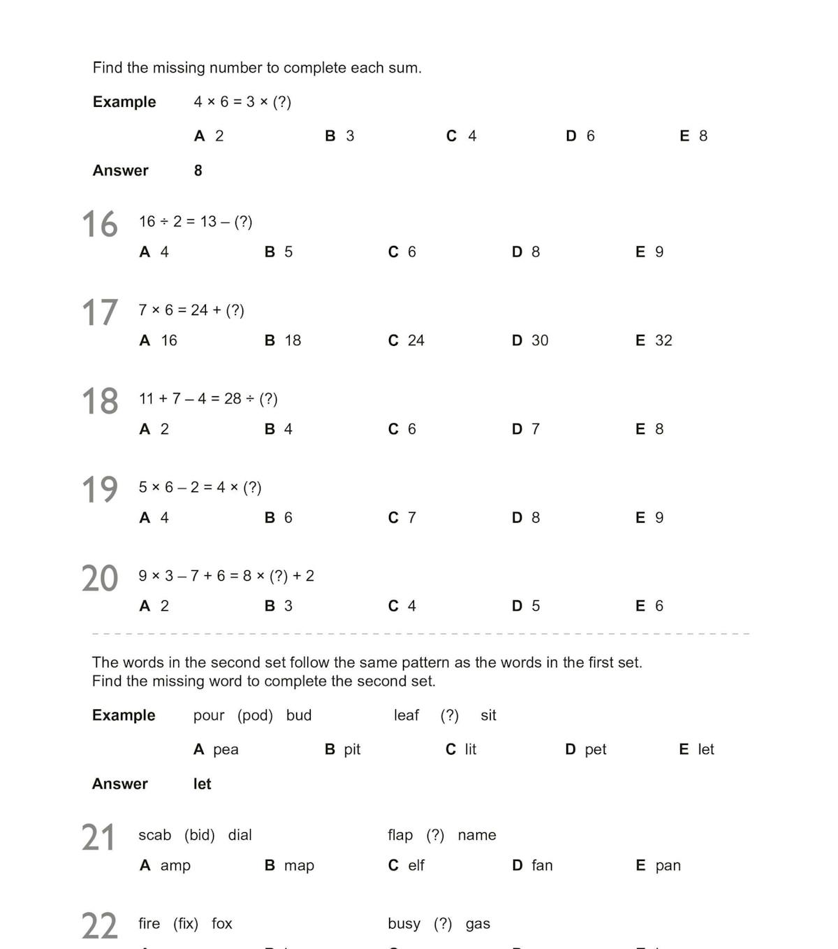 Sample page showing multiple-choice verbal reasoning questions including number sequences and word pattern puzzles