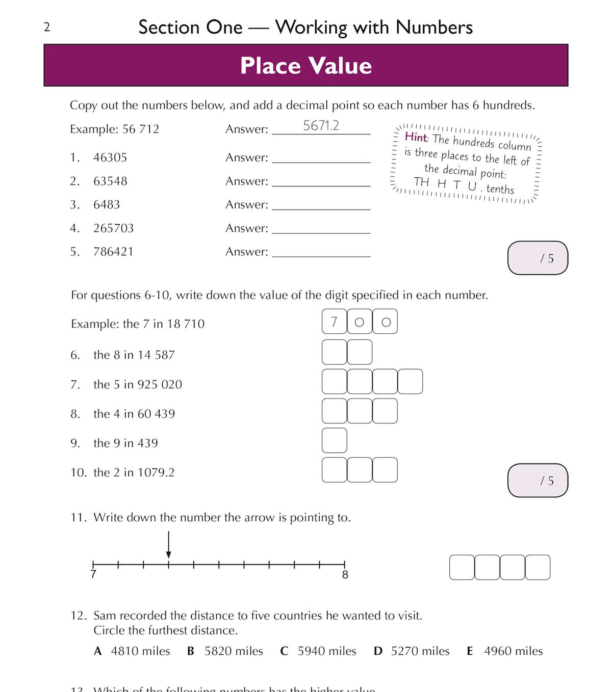 Inside page showing place value exercises with worked examples and answer boxes