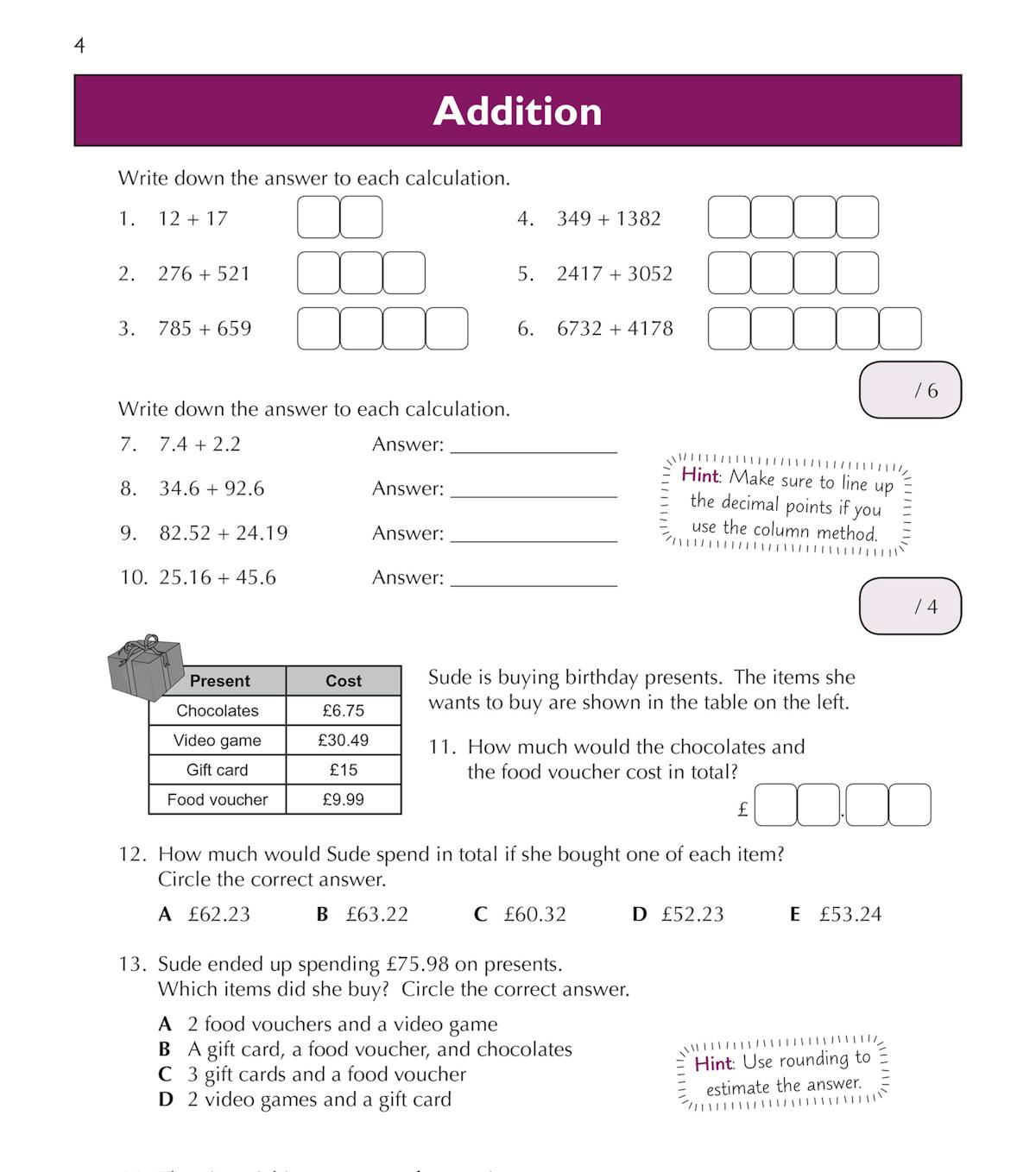 Page showing addition exercises including whole numbers and decimals with space for answers