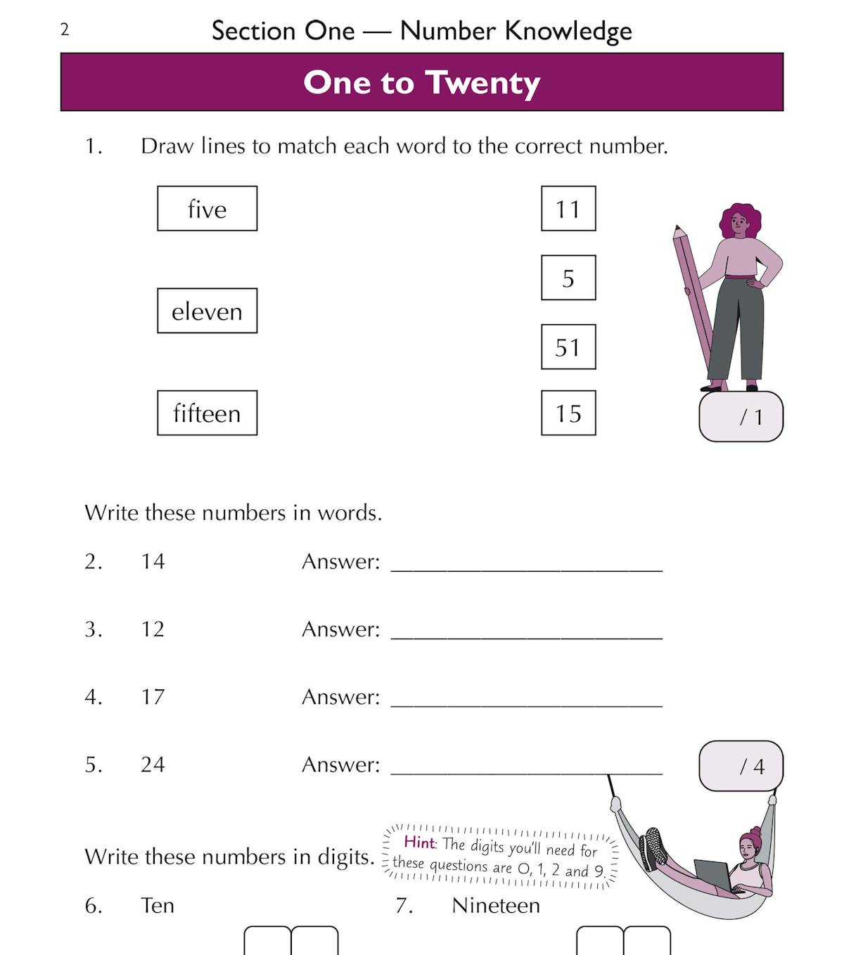 Sample page from the Maths workbook featuring number knowledge exercises